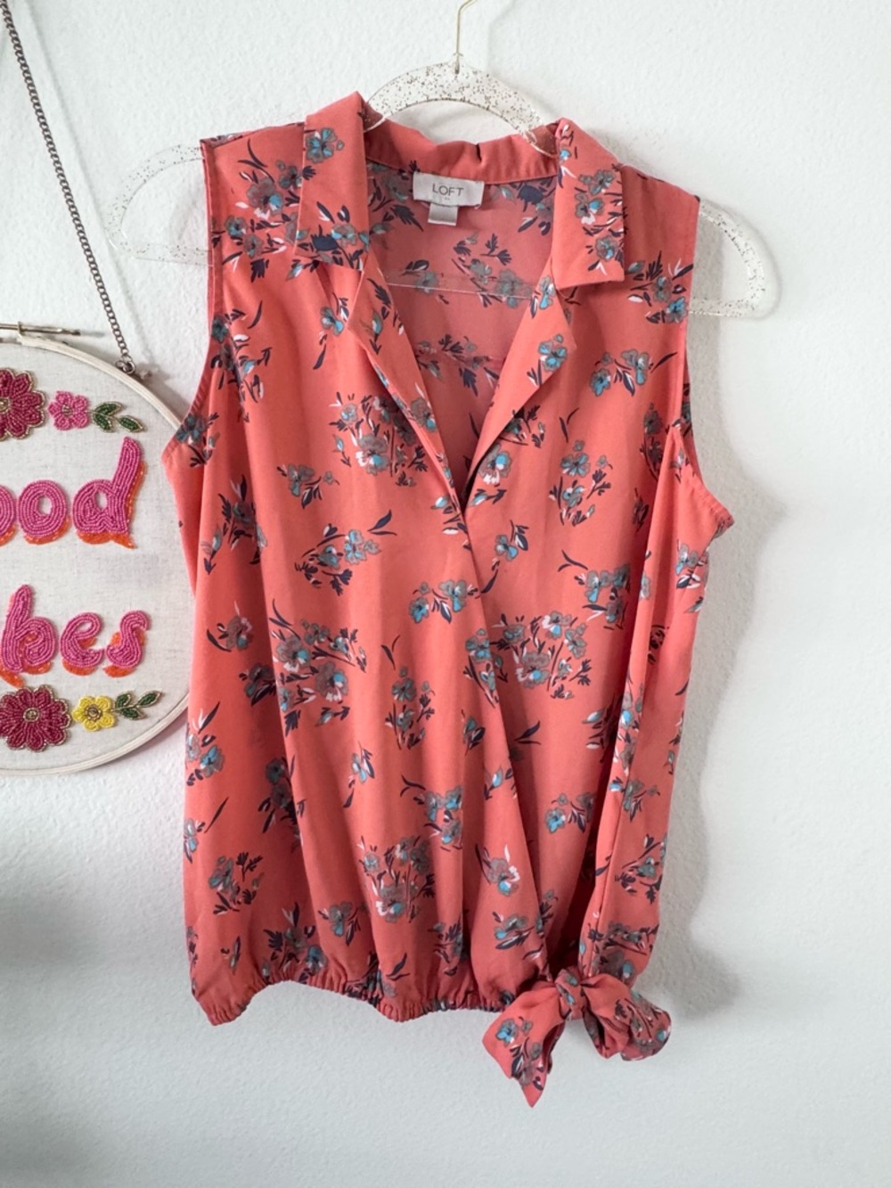 LOFT Coral Floral Tie-Hem Sleeveless Blouse